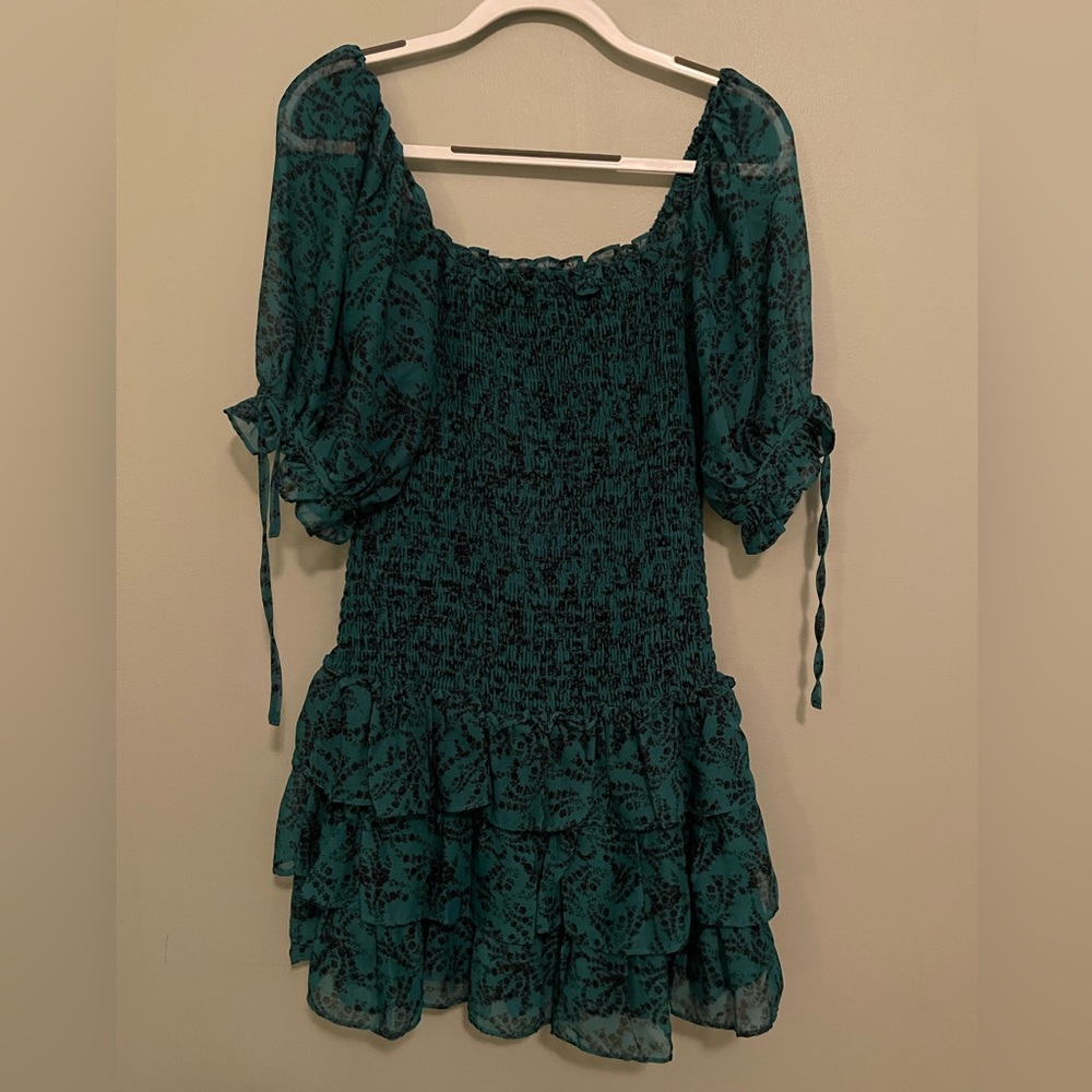 Olivaceous Smocked Green/Black printed Ruffle Dress, size Large